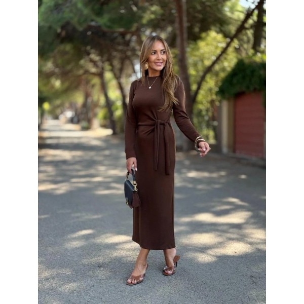 Kadın Uzun Kollu Bisiklet Yaka Yandan Bağlamalı Uzun Modal Elbise