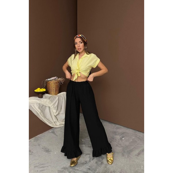 Siyah Paçası Fırfırlı Keten Pantolon