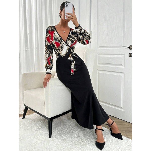 Kadın Uzun Kollu Kruvaze Yaka Dalgıç Krep Midi Boy Elbise