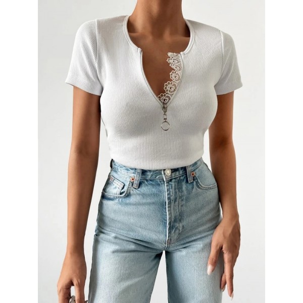 Kadın Beyaz Yaka Dantel Ve Fermuarlı Kaşkorse Bluz