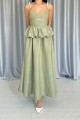 Yeşil Beli Büzgülü İnci Askılı Uzun Elbise