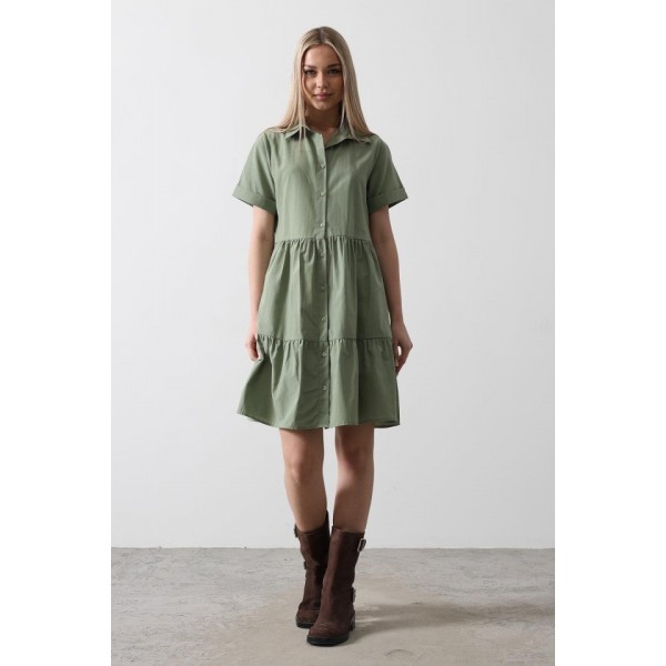 Kısa Kol Düğmeli Elbise - Haki