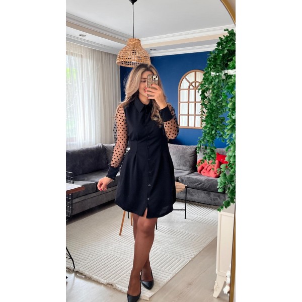 Kadın Uzun Kollu Yakalı Düğmeli Mini Ithal Krep Elbise