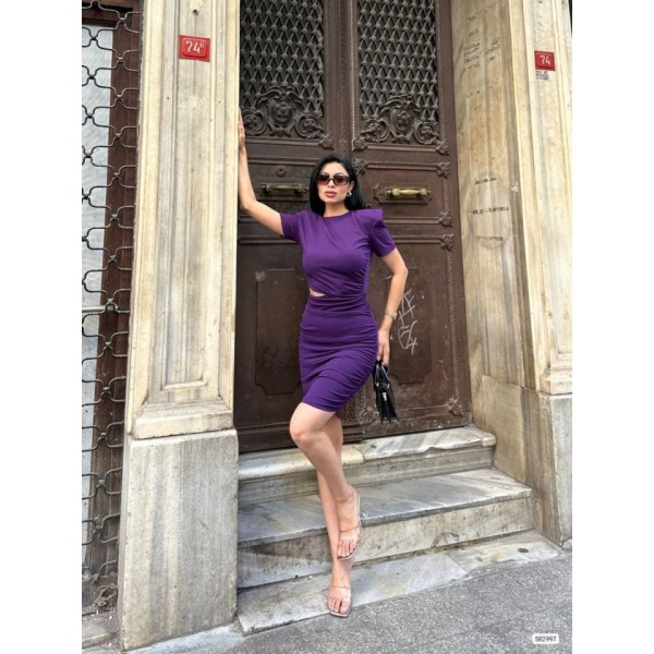 Kadın Bel Dekolteli Yanı Büzgü Detay Dalgıç Krep Kumaş Mini Elbise