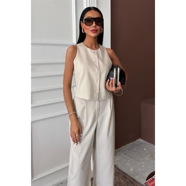 Yelek Plazzo Pantolon Çizgili Flamlı Poliviscon Takım 10178