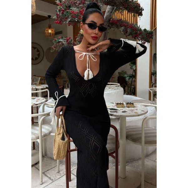 Püskül Bağcık Detaylı V Yaka Ajurlu Elbise 2850