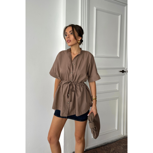BEL BÜZGÜ DETAYLI POPLİN GÖMLEK - Kahverengi
