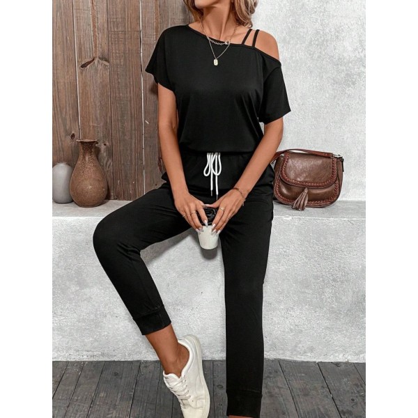 Kadın Tek Omuzdan Açık Viskon Iki Iplik Bluz Bağcıklı Pantolon Ikili Takım