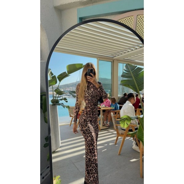 Kadın Leopar Desenli Sırt Dekoltelı Maxı Boy Elbise