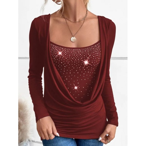 Kadın Uzun Kollu Derin Degaje Yakalı Taşlı Sandy Bluz