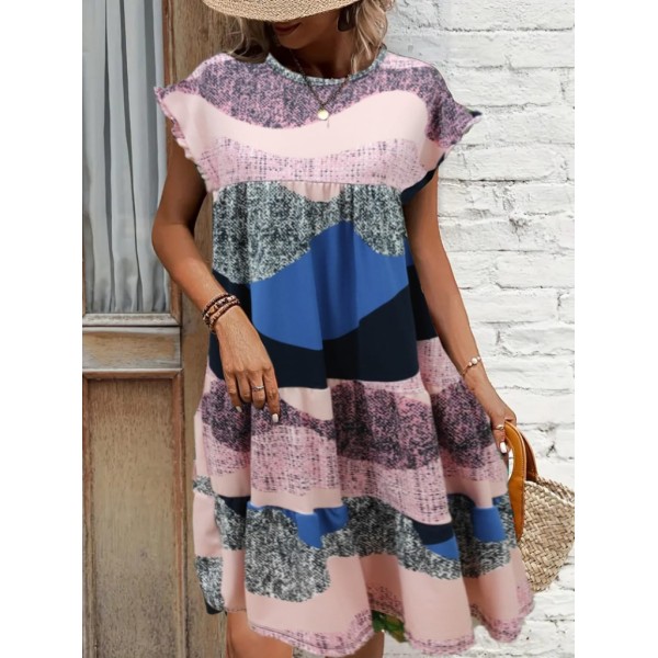 Kadın Kısa Kollu Bisiklet Yaka Kare Desenli Dalgıç Elbise