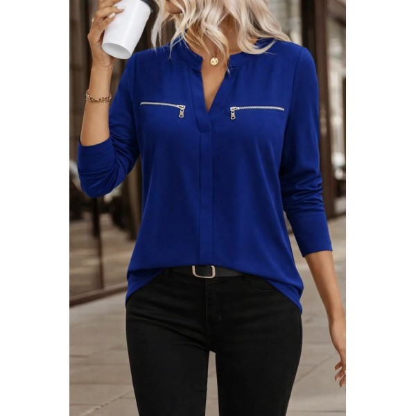 Kadın Uzun Kollu V Hakim Yaka Fermuar Detaylı Viskon Bluz