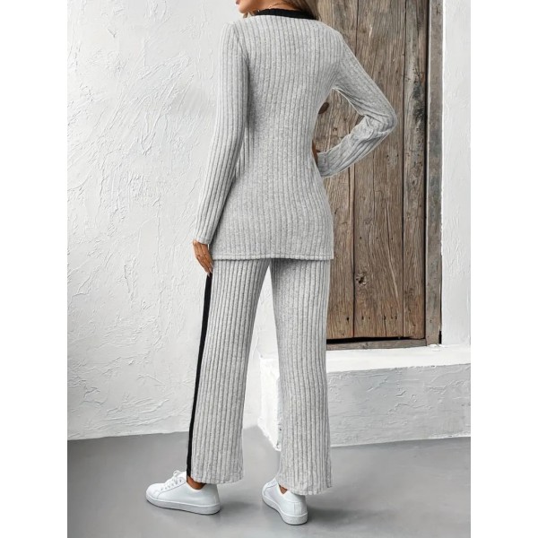 Kadın Uzun Kollu V Yakalı çapraz Detaylı şardonlu Kaşkorse Bluz Ve Pantolon Ikili Takım