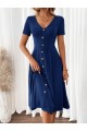 Kadın Kısa Kollu V Yakalı önden Düğmeli A Kesim Dokuma Elbise
