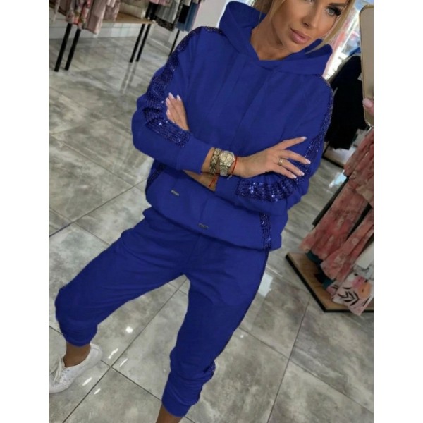 Kadın Uzun Kollu Kapşonlu Pulpayet Detay Viskon Iki Iplik Bluz Ve Pantolon Ikili Takım