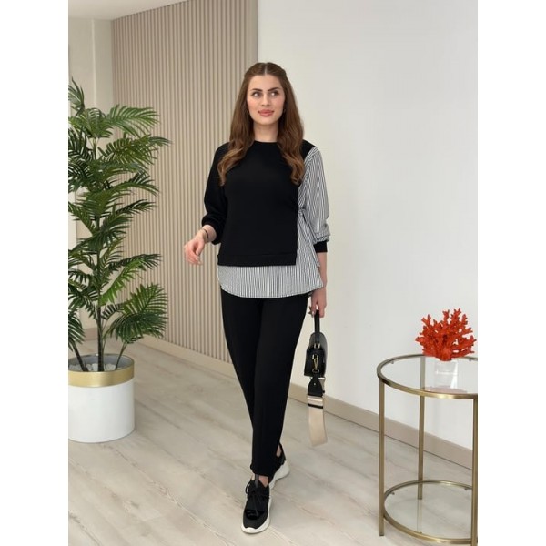 Kadın Gömlek Detay çizgili Yandan Bağlamalı Ikili Takım