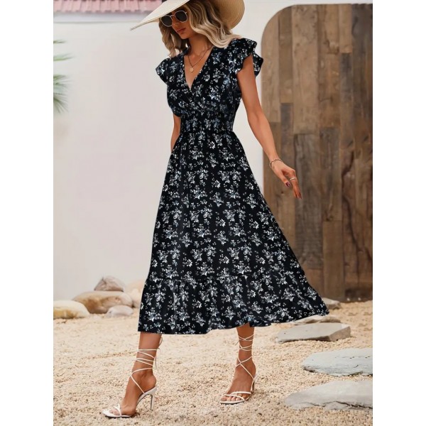 Kadın Kısa Kollu Kruvaze Yakalı Beli Lastikli çiçek Desenli Elbise