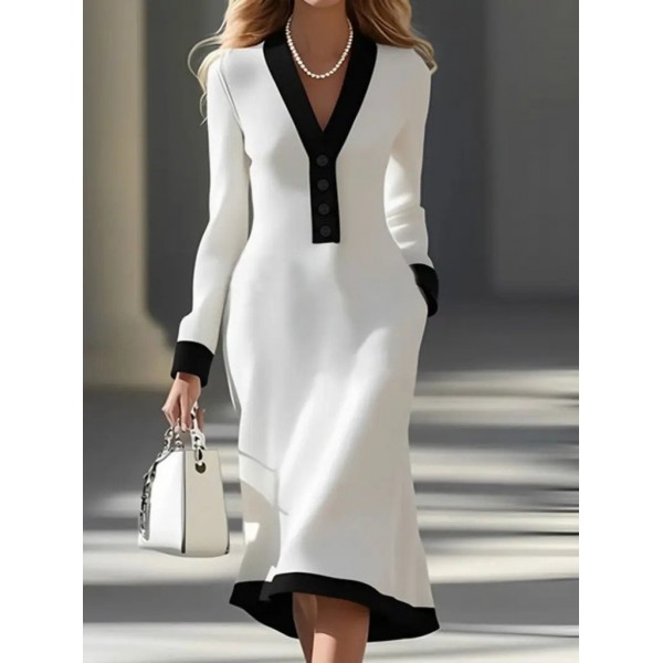 Kadın Uzun Kollu V Yakalı Düğmeli Midi Modal Elbise