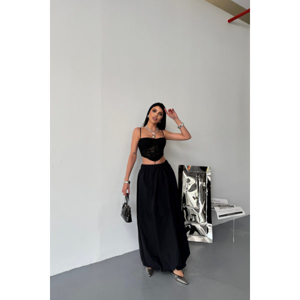 BEL LASTİKLİ BALON ETEK ŞANEL BOY SOFT KUMAŞ - Siyah