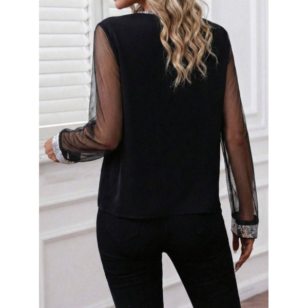 Kadın Uzun Kollu V Yakalı Tül Detaylı Ithal Krep Bluz