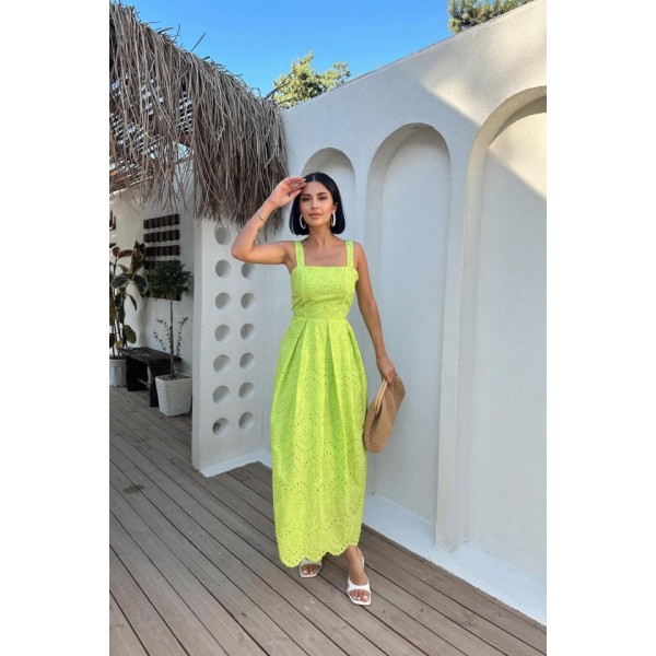 Yağ Yeşili Askılı Aparatlı Brode Elbise