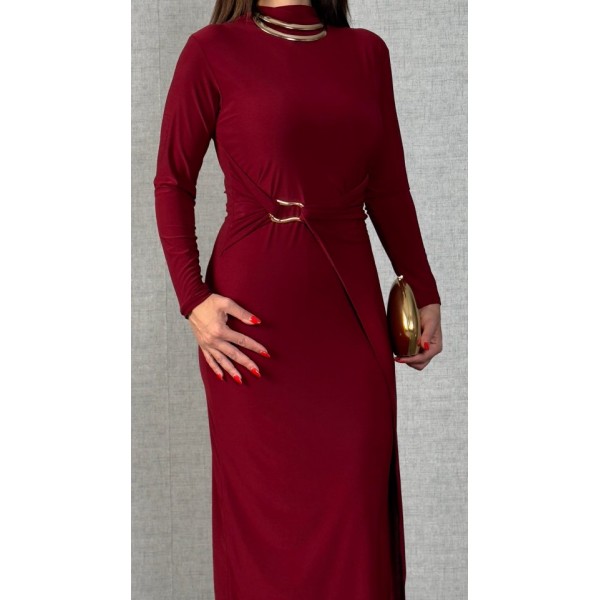 Kadın Balıkçı Yaka Toka Detay Sandy Kumaş Midi Boy Elbise