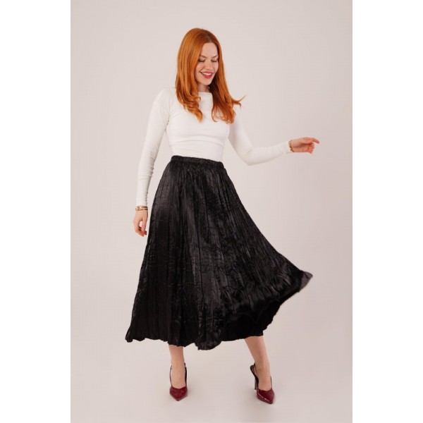 Midi Boy Pileli Saten Siyah Etek