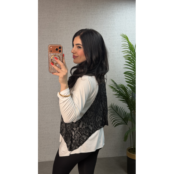 Kadın Uzun Kollu Asimetrik Kesim Bluz Ve Dantel Güpür Transparan Detay Fermuarlı Yelek Ikili Takım