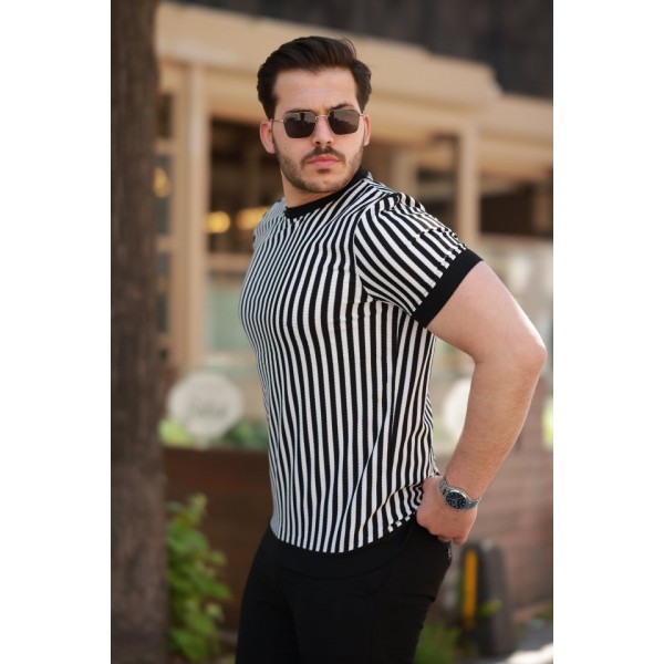 Erkek Siyah Beyaz örme Pamuklu Kumaş Kısa Kollu T-shirt