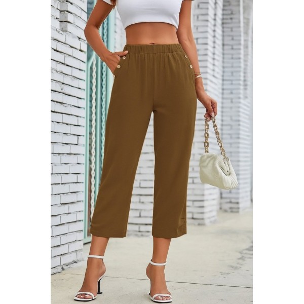 Kadın Beli Lastikli Düğme Ve Cep Detaylı Kapri Ithal Keten Pantolon