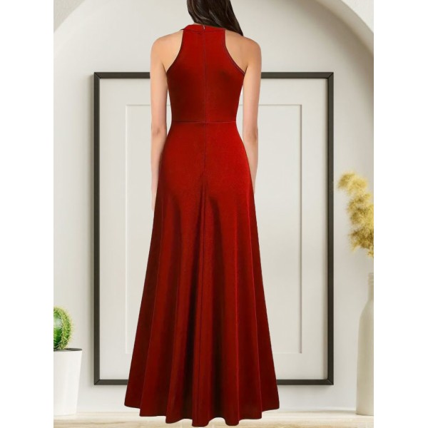 Kadınhalter Yaka Derin Yırtmaç Detaylı Tam Boy Ithal Krep Abiye Elbise