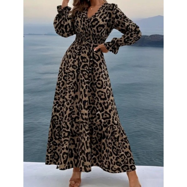 Kadın Uzun Kollu Kruvaze Yaka Leopar Desenli Uzun Süprem Elbise