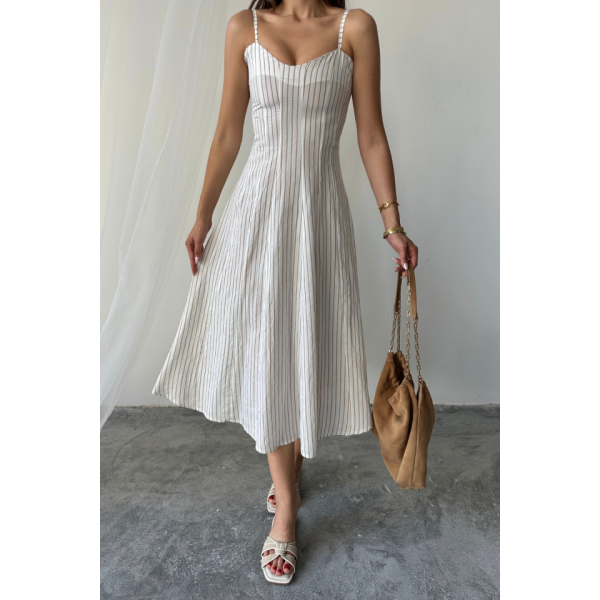 SİMLİ ÇİZGİLİ ASKILI ELBİSE MİDİ BOY - Kahverengi