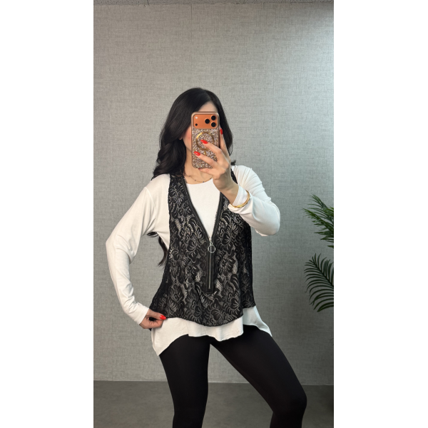 Kadın Uzun Kollu Asimetrik Kesim Bluz Ve Dantel Güpür Transparan Detay Fermuarlı Yelek Ikili Takım