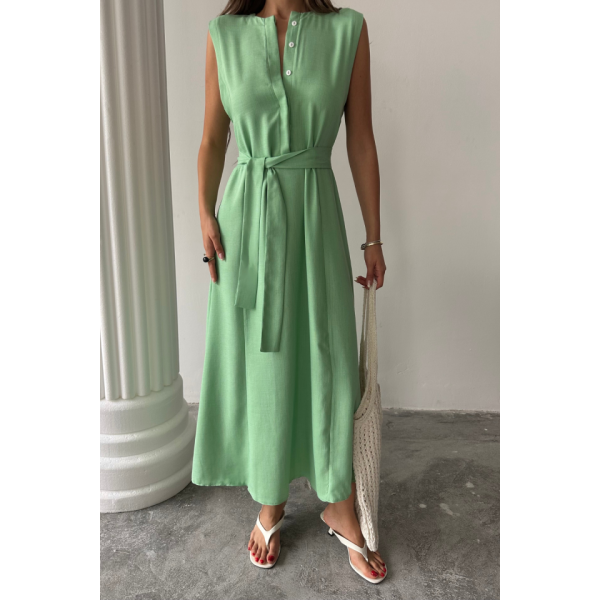 KETEN ELBİSE KOLSUZ BEL BAĞLAMALI MAXİ ELBİSE - Yeşil