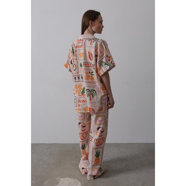 Baskılı Kısa Kol Pantolon Takım - Taş-Oranj