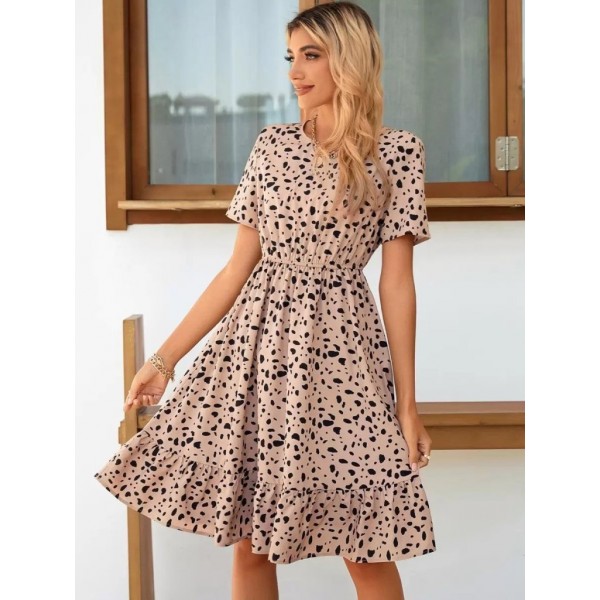 Kadın Kısa Kollu Bisiklet Yaka Desenli Süprem Elbise