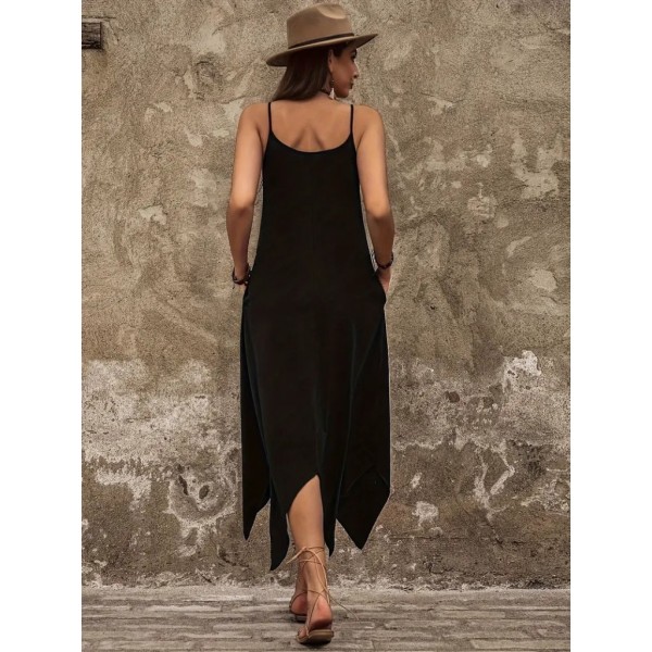 Kadın Askılı V Yakalı Cep Detaylı Asimetrik Kesim Detaylı Viskon Elbise