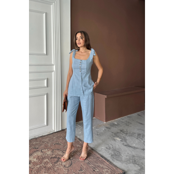 ŞANTUK KETEN YELEK GÖRÜNÜMLÜASKILI BLUZ - PANTOLON TK - Mavi