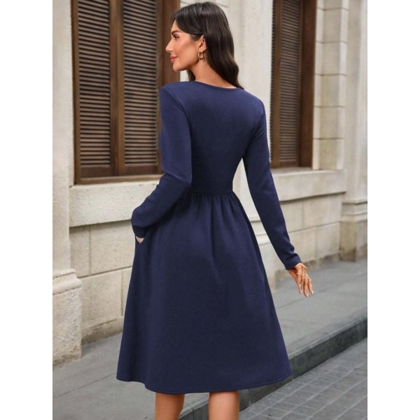 Kadın Uzun Kollu V Yakalı Cepli Midi Ithal Krep Elbise