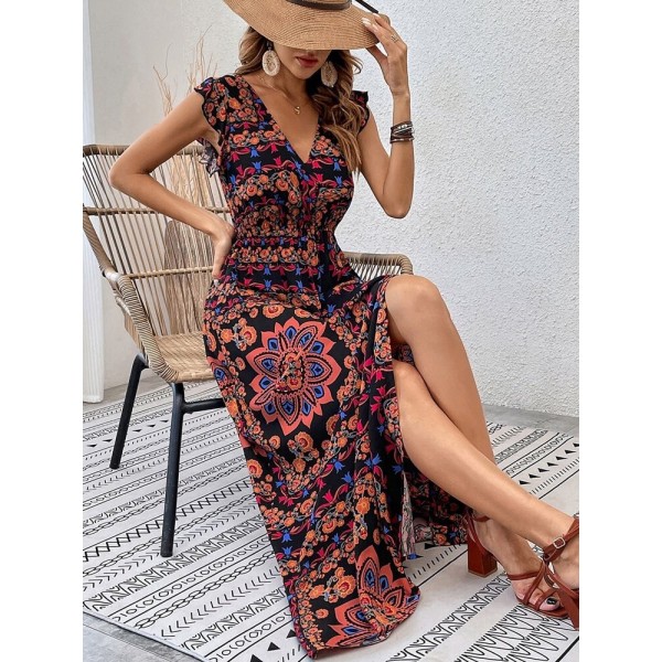 Kadın Kısa Kollu V Yakalı Deseni Yırtmaçlı Süprem Elbise