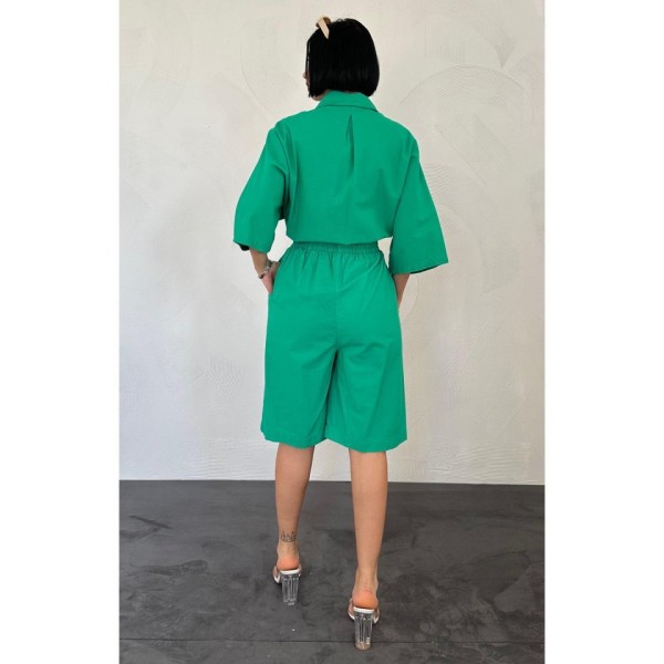 Yeşil Kısa Kollu Keten Gömlek Ve Şort Takım