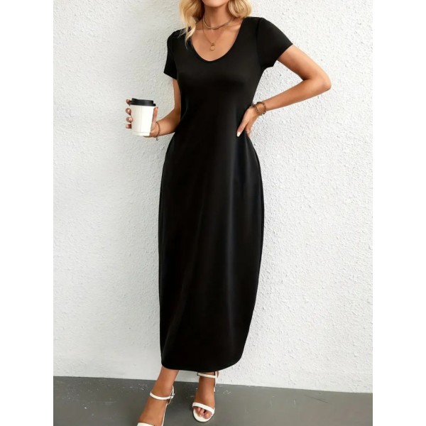 Kadın Kısa Kollu Yakası Yuvarlak Cepli Viskon Elbise