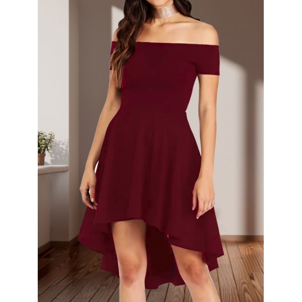 Kadın Kısa Kollu Madonna Yaka önü Kısa Arkası Uzun Ithal Krep Elbise