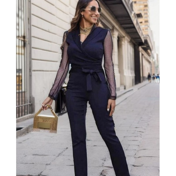 Kadın Uzun Kollu Kruvaze Yakalı Kolları Tül Detay Beli Kuşaklı Ithal Krep Tulum