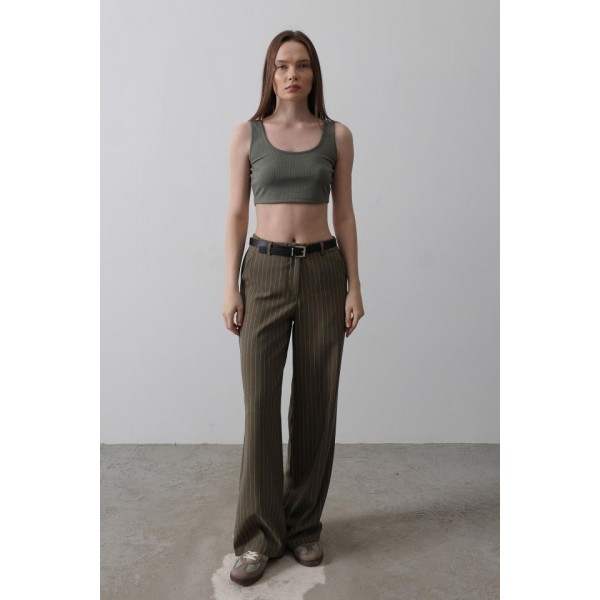 Kemerli Palazzo Pantolon - Haki-Beyaz