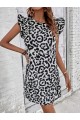 Kadın Kısa Kollu Kolları Fırfır Detay Arkası Bağlamalı Leopar Desen Kolsuz Mini Mikro Elbise
