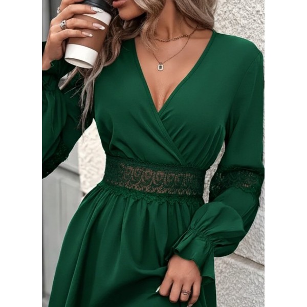 Kadın Uzun Kollu Kruvaze Yakalı Dantelli Fermuar Detaylı Mini Ithal Krep Elbise