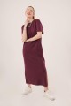 Yırtmaç Detaylı Kısa Kollu Salaş Maxi Bordo Elbise