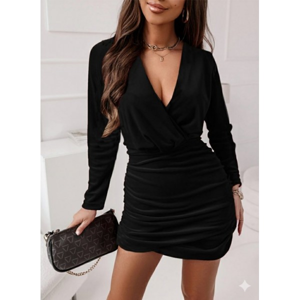 Kadın Uzun Kollu Kruvaze Yaka Yandan Büzgülü Mini Ithal Krep Elbise